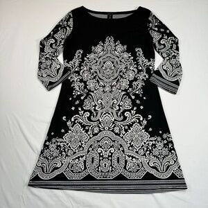 MT Collection 3/4 Sleeve Midi Dress Womens Size S Black Paisley Boat Neck